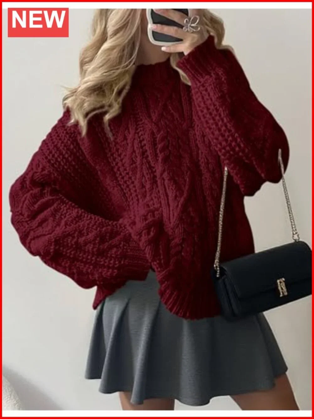 Womens Oversized Cable Knit Chunky Pullover Sweater Crew Neck Ribbed